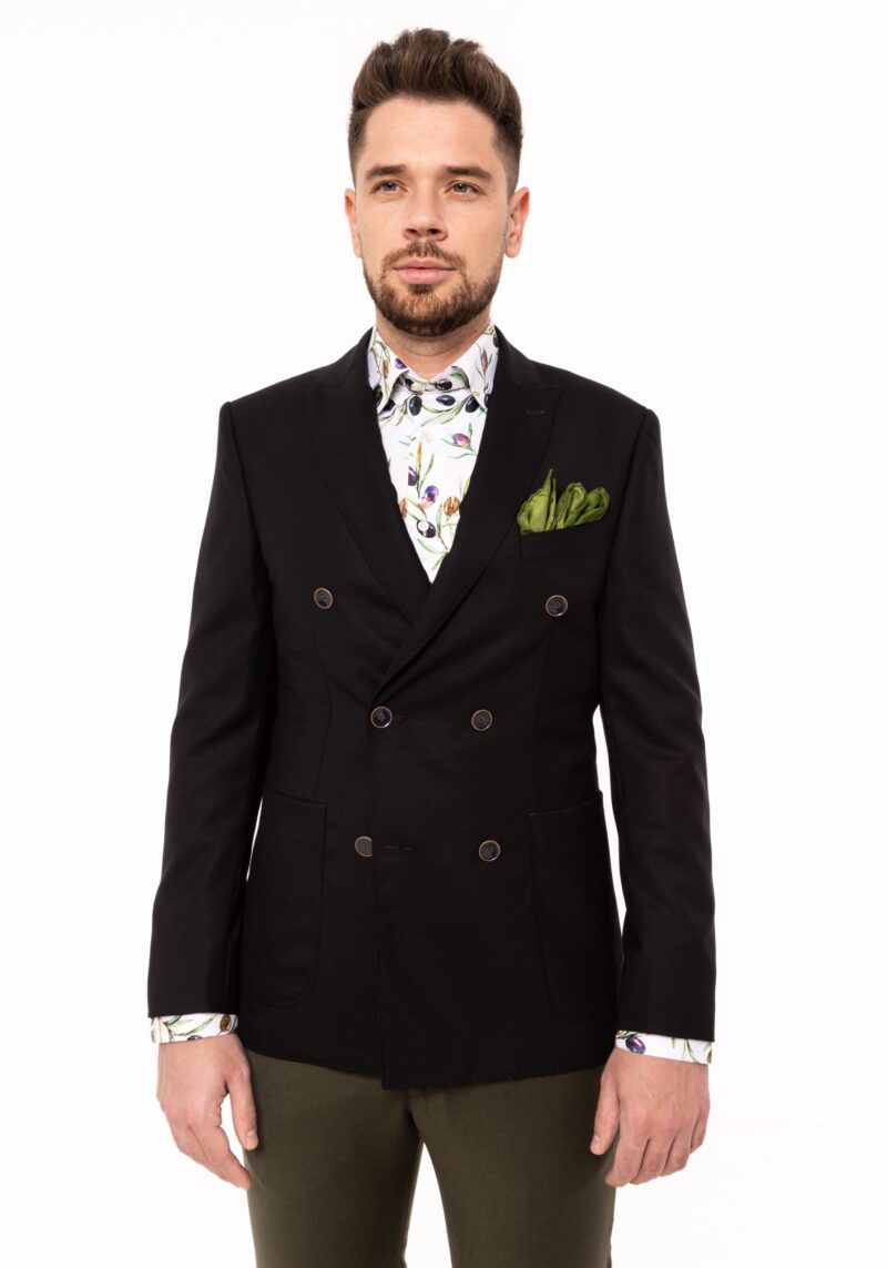 Sacou TRENDS negru la două rânduri de nasturi 100% lână pură virgină merinos extra fină. - Trends By Adina Buzatu Sacou TRENDS negru la două rânduri de nasturi 100% lână pură virgină merinos extra fină. - Trends By Adina Buzatu